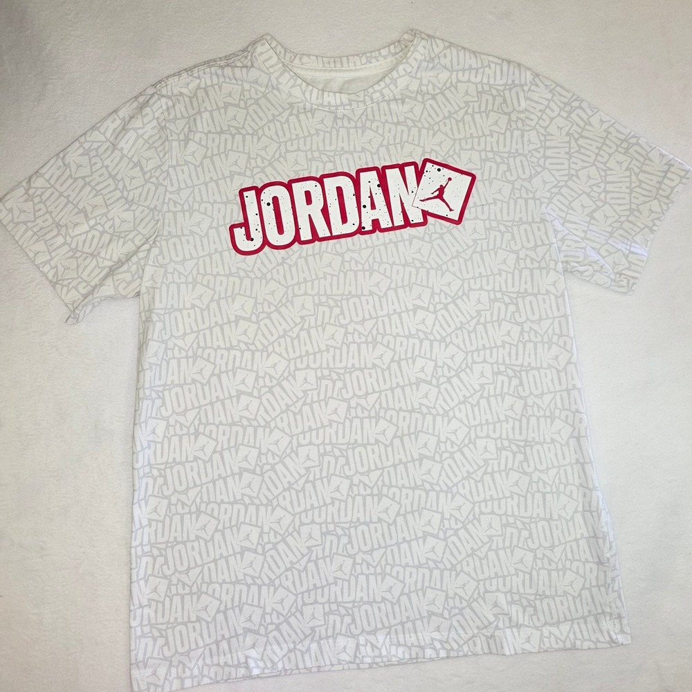 Jordan Mens All Over Print Jumpman Logo T-Shirt White Red Large AJ1105-100 - Picture 2 of 7